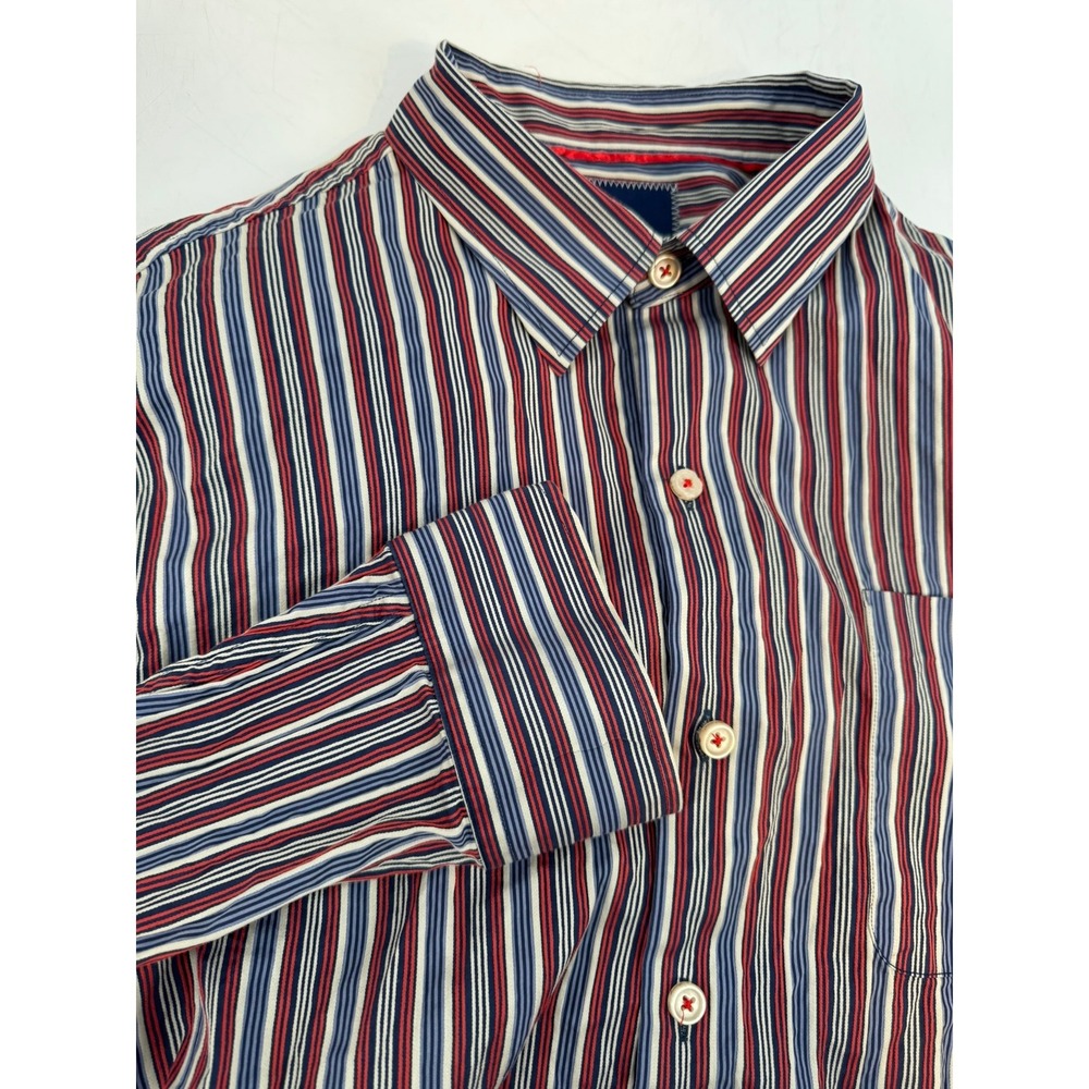 Tommy Bahama Men's‎ Large Red Blue Striped Button Up Dress Shirt Silk Blend